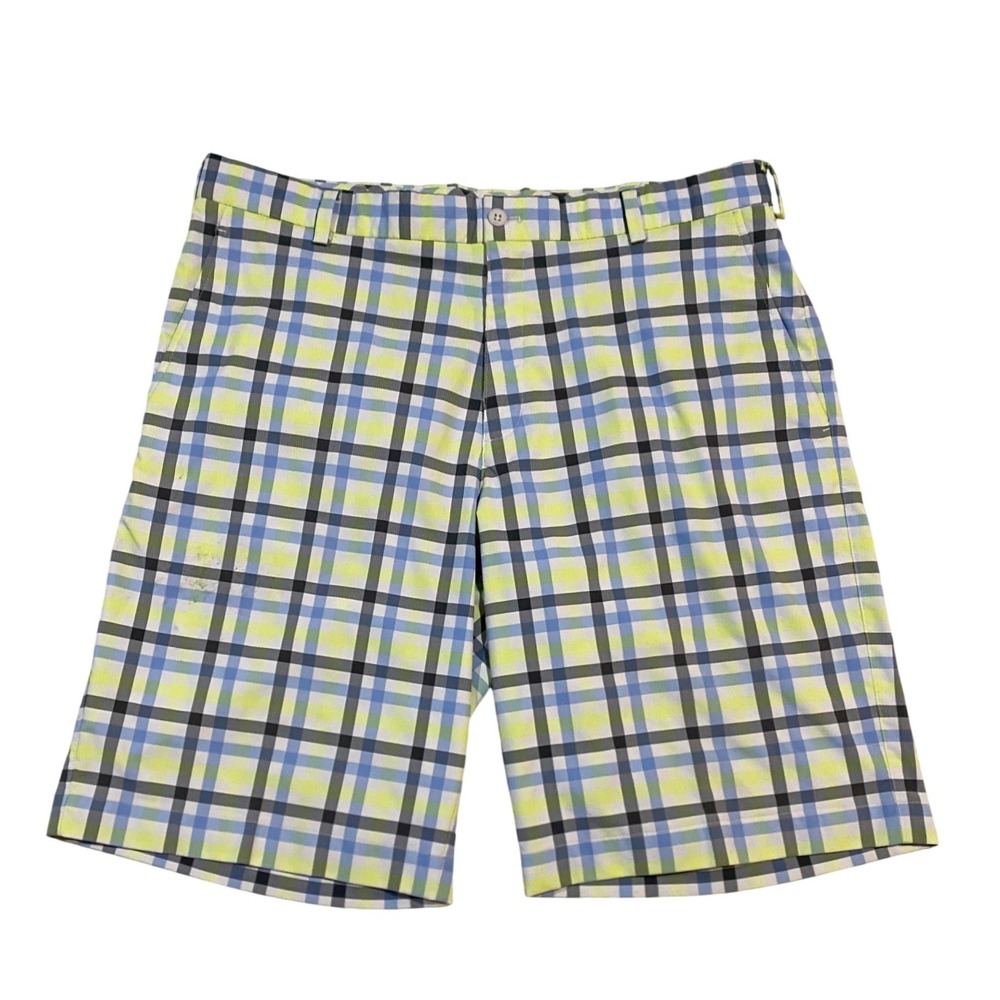 Nike Golf Dri-FIT Golf Plaid Shorts Mens 35 Blue Neon Yellow 452712-102